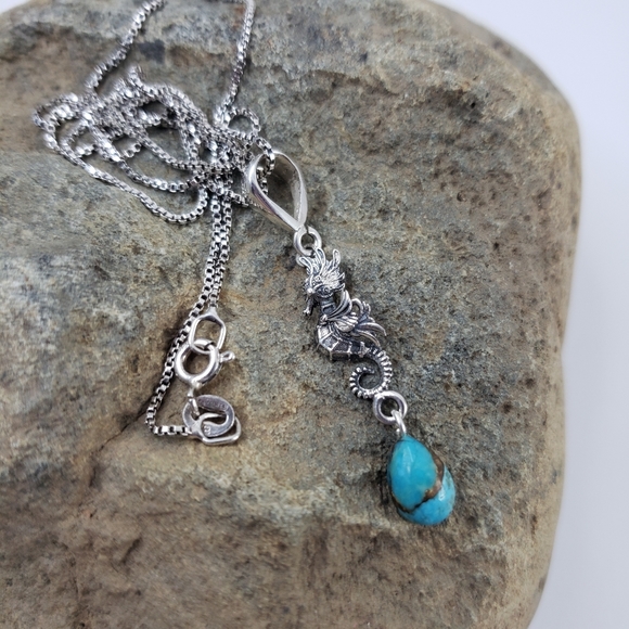 Sterling Silver Jewelry - Seahorse + turquoise pendant necklace sterling silver